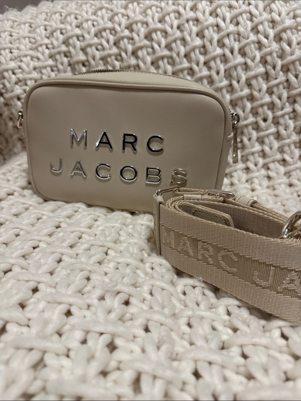 Marc Jacobs Cream Leather Logo Camera Bag with Webbing Strap